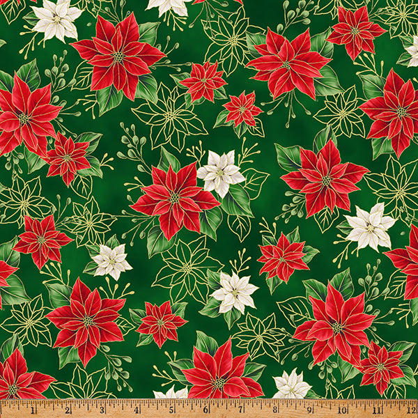 Hoffman Metallic - Blooming Holidays X7788 60G Hunter/Gold Poinsettia Bunches By The Yard