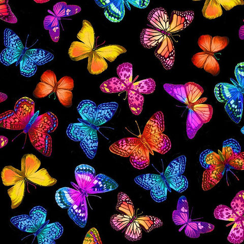 Timeless Treasures EXTRA WIDE CD1782 Black Bright Butterlies Flying 108" WIDE - 2.625 YARD CUT