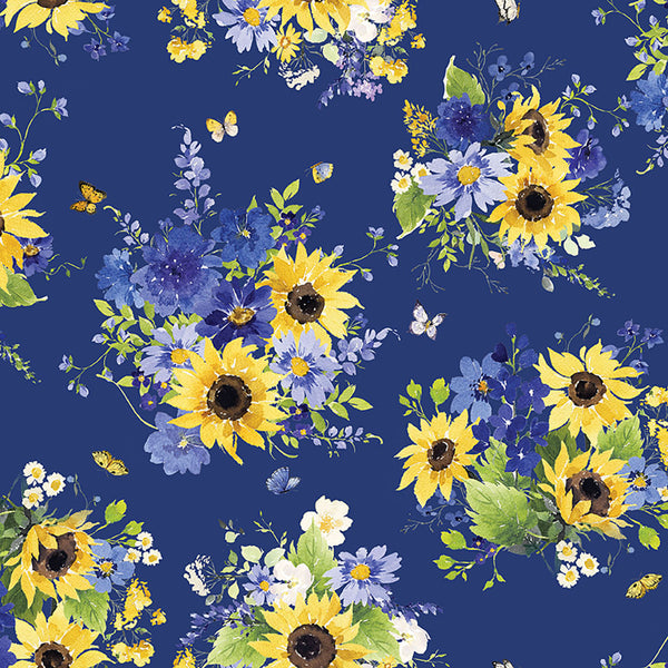 Clothworks Sunflower Bouquets Y3908 30 Digital Tossed Bouquet Dark Blue By the Yard