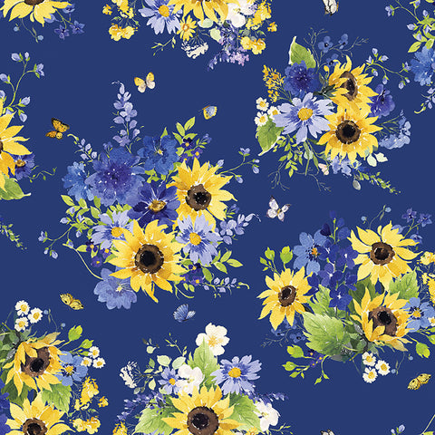 Clothworks Sunflower Bouquets Y3908 30 Digital Tossed Bouquet Dark Blue By the Yard
