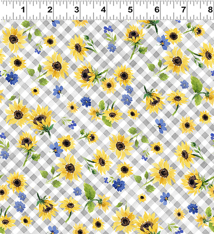 Clothworks Sunflower Bouquets Y3910 6 graue Blumenkaro-Meterware