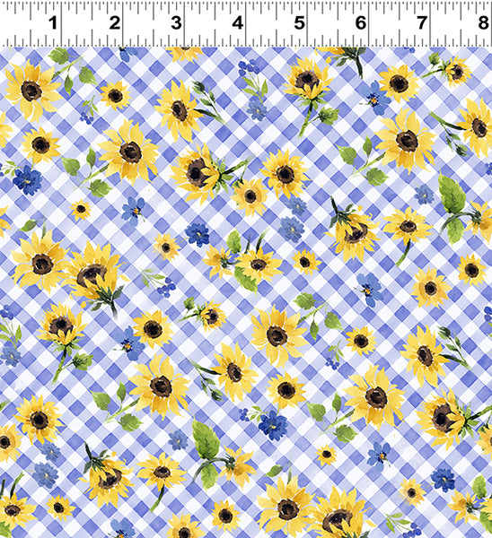 Clothworks Sunflower Bouquets Y3910 85 Periwinkle Floral Check By the Yard