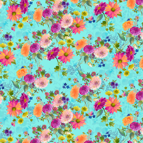 Clothworks Digital - Garden Fresh Y4259 33 Aqua Bouquets By The Yard