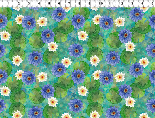 Clothworks Lily Pond Y4623 104 Teal Mixed Lilies By The Yard