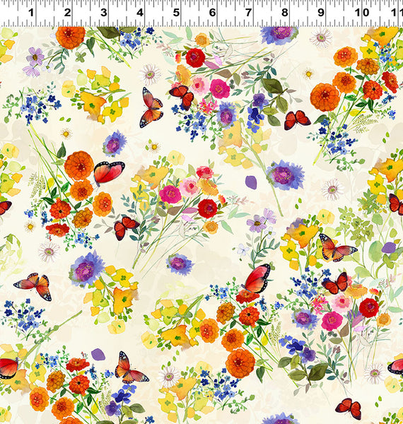 Clothworks Fleur De Rose Y4762 2 Light Cream Butterfly Garden By The Yard