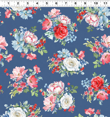 Clothworks Americana Y4772 89 Dark Denim Tossed Bouquets By The Yard