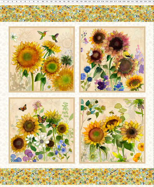 Clothworks Sunflower Song Y4944 2 Light Cream 36" PANEL By The PANEL (Not Strictly By The Yard)
