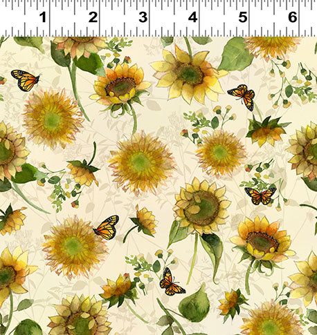 Clothworks Sunflower Song Y4949 57 Cream Butterfly Floral By The Yard