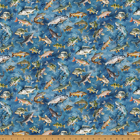 Hoffman Spectrum Print Rise & Cast Y5835 19 Navy Fish By The Yard