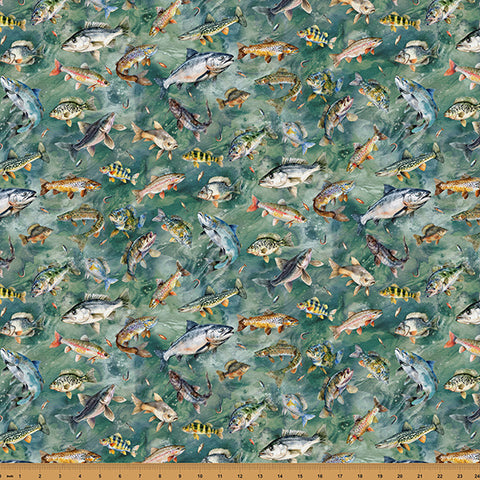 Hoffman Spectrum Print Rise & Cast Y5835 98 Moss Fish By The Yard