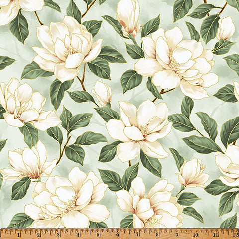 Hoffman Metallic Ornament Grove Y7802 436G Eucalyptus/Gold By The Yard