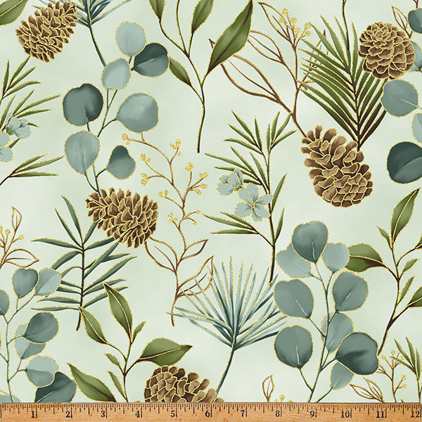 Hoffman Metallic Ornament Grove Y7805 436G Eucalyptus/Gold By The Yard