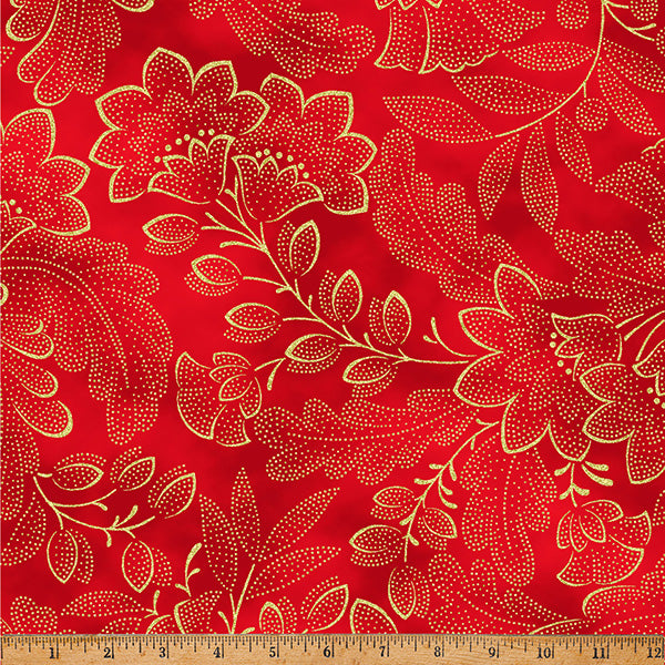 Hoffman Metallic Crown & Vine 443G Cherry/Gold By The Yard