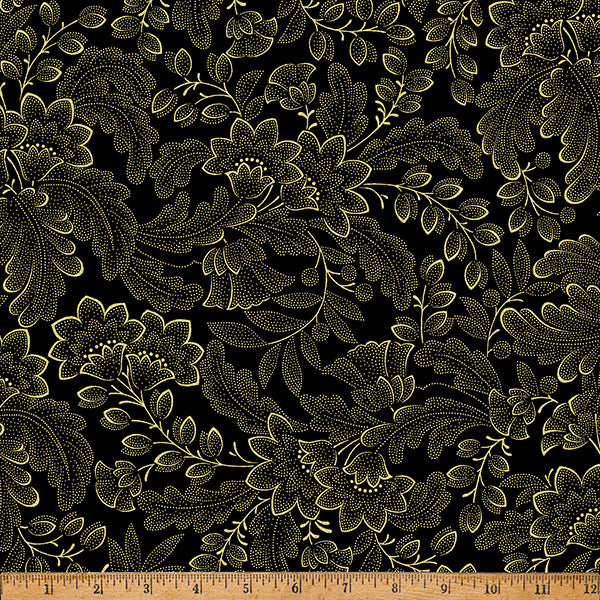 Hoffman Metallic Crown & Vine 4G Black/Gold By The Yard