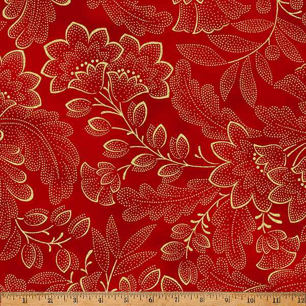 Hoffman Metallic Crown & Vine 78G Scarlet/Gold By The Yard