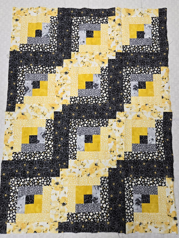 Matt's Patchwork Quilt Topper - Black & Yellow #1 -12-Block Log Cabin