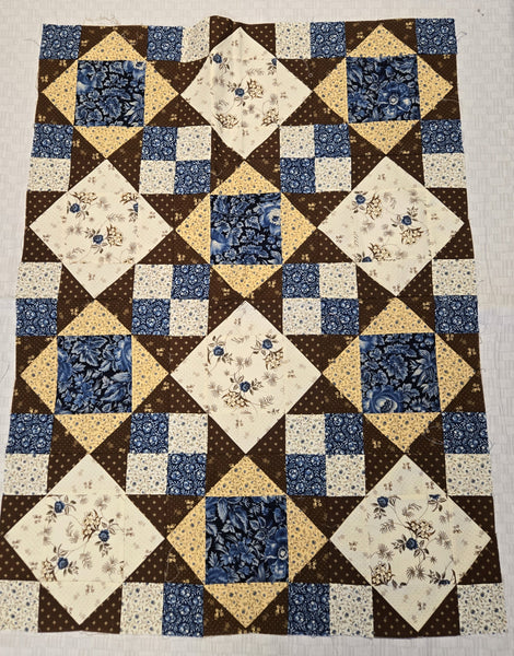 Matt's Patchwork Quilt Topper - Blue & Brown 12-Block Kings Crown