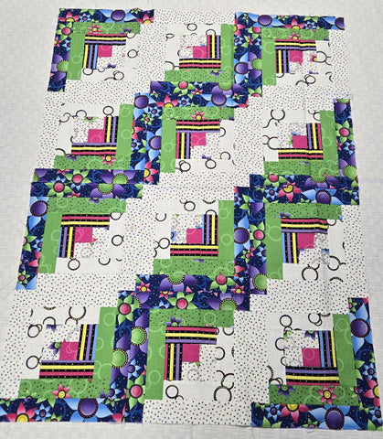Matt's Patchwork Quilt Topper - Green Floral 12-Block Log Cabin