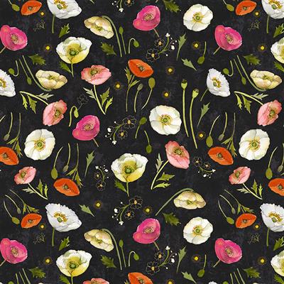 Clothworks Poppy Dreams Y3987 3 Tossed Poppies Black By The Yard