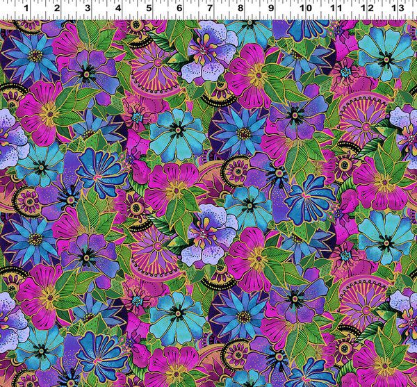 Clothworks Earth Song -Digital Y4019 122M Packed Floral Dark Orchid By The Yard
