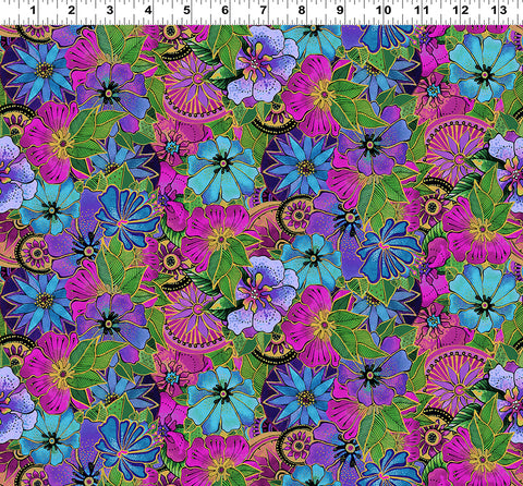 Clothworks Earth Song – digital y4019 122 m verpackte dunkle Orchidee mit Blumenmuster, Meterware