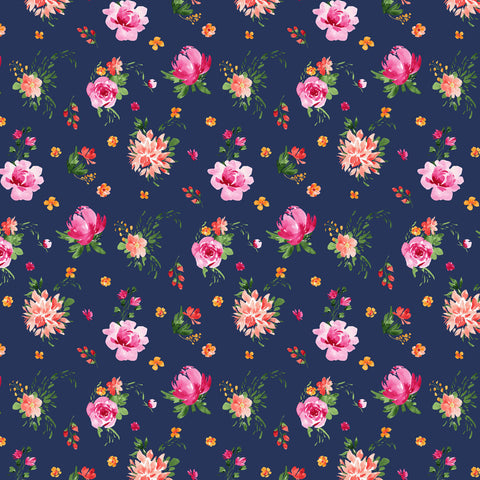 Clothworks Flourish - Digital Y4095 53 Tossed Floral Navy Blue By The Yard