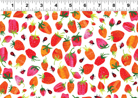 Clothworks Summer Splash – digital y4104 1 Erdbeeren, weiß, Meterware