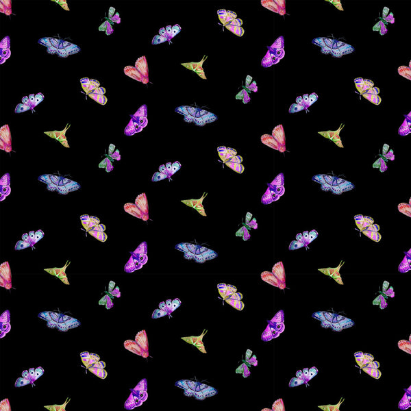 Clothworks Digital - Midnight Dreams Y4234 3 Moths Black fabric by the Yard