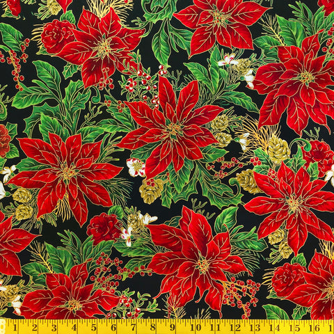 Jordan Fabrics metallische Weihnachtsblüte 10001 1 schwarz/goldener Weihnachtssternstrauß pro Meter
