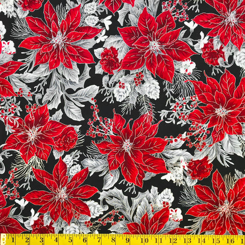 Jordan Fabrics Metallic Christmas Blossom 10001 2 Weihnachtssternstrauß in Schwarz/Silber, Meterware