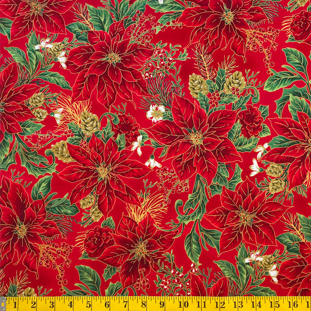 Jordan Fabrics Metallic Christmas Blossom 10001 3 Red/Gold Poinsettia