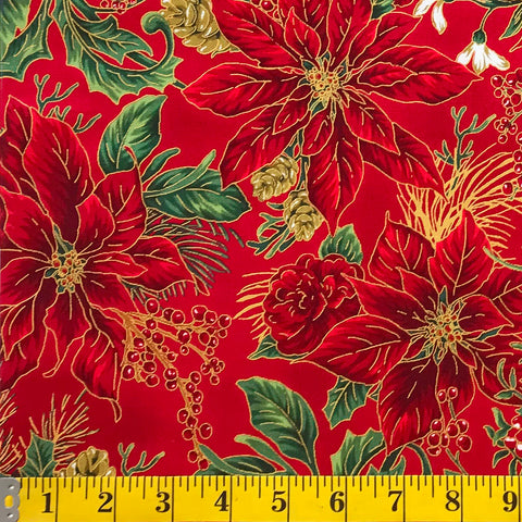 Jordan Fabrics Metallic Christmas Blossom 10001 3 Red/Gold Poinsettia Bouquet By The Yard