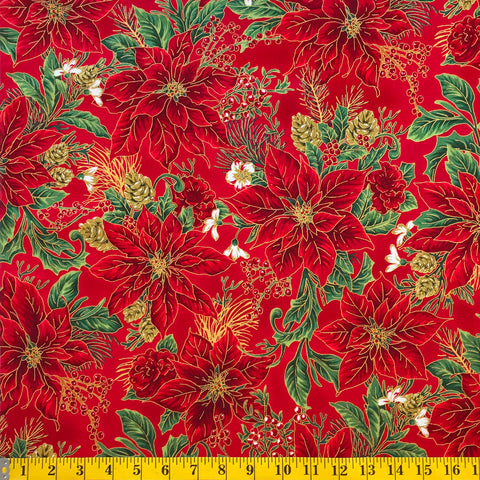 Jordan Fabrics Metallic Christmas Blossom 10001 3 Red/Gold Poinsettia Bouquet By The Yard