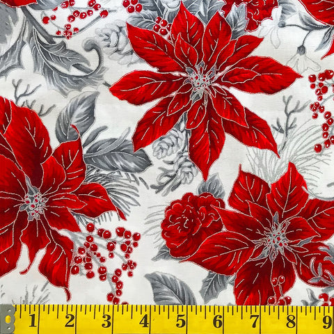 Jordan Fabrics fleur de Noël métallique 10001 5 bouquet de poinsettia blanc/argent par cour