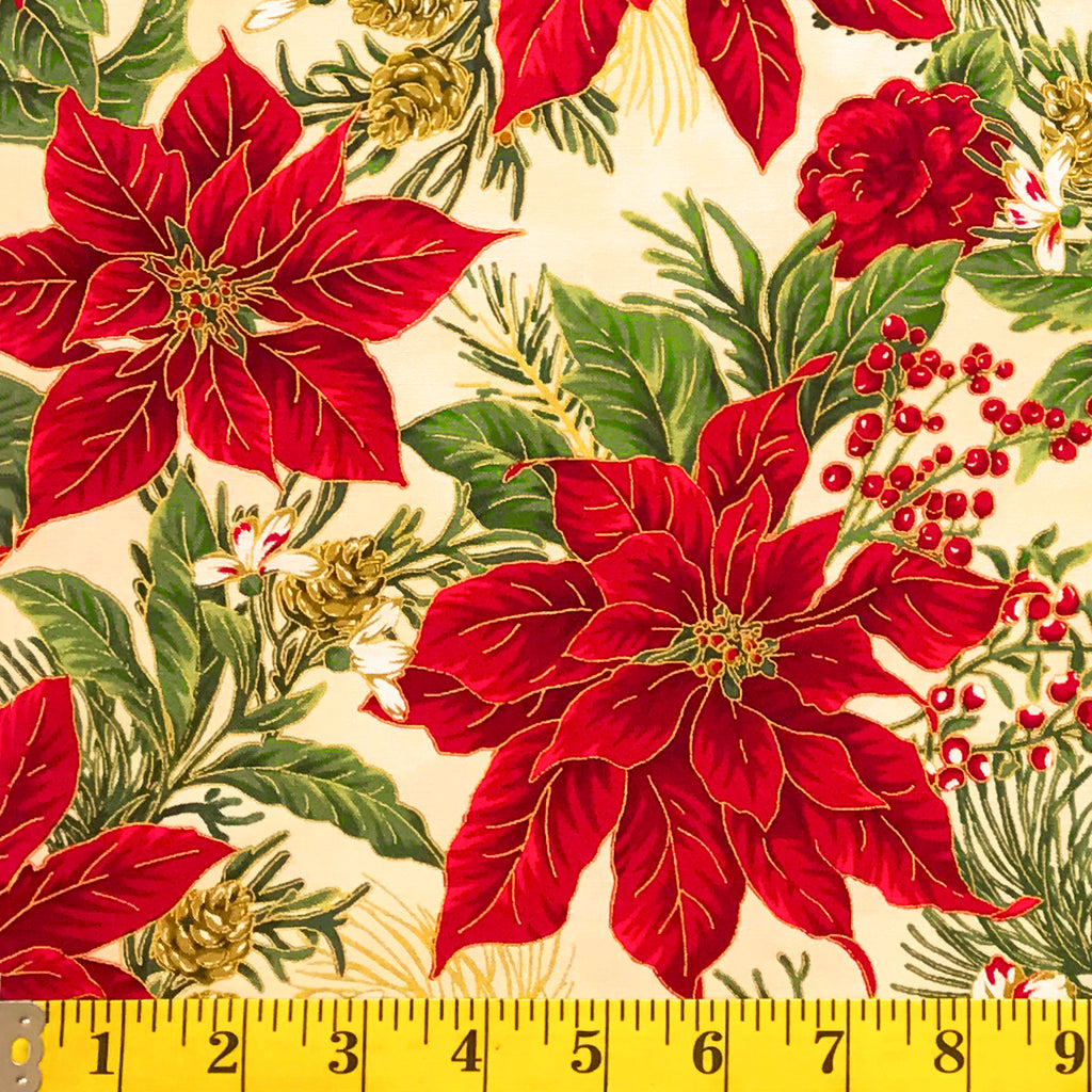 Jordan Fabrics Metallic Christmas Blossom 10001 6 Cream/Gold Poinsetti