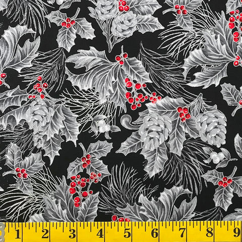 Jordan Fabrics Metallic Christmas Blossom 10002 2 Black/Silver Pine Berry By The Yard