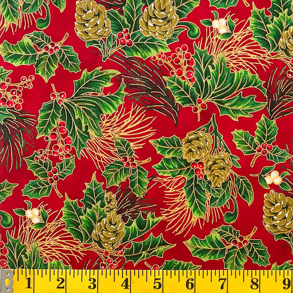 Jordan Fabrics Metallic Christmas Blossom 10002 3 Red/Gold Pine Berry By The Yard