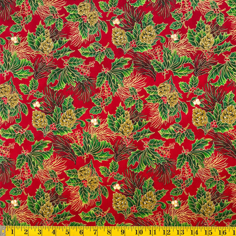 Jordan Fabrics Metallic Christmas Blossom 10002 3 Red/Gold Pine Berry By The Yard