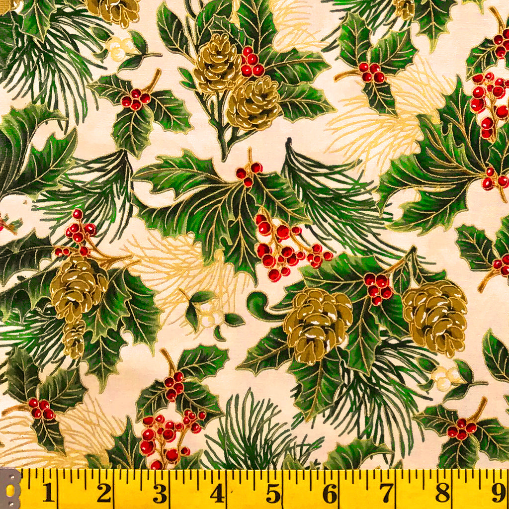 Jordan Fabrics Metallic Christmas Blossom 10002 4 Cream/Gold Pine Berr