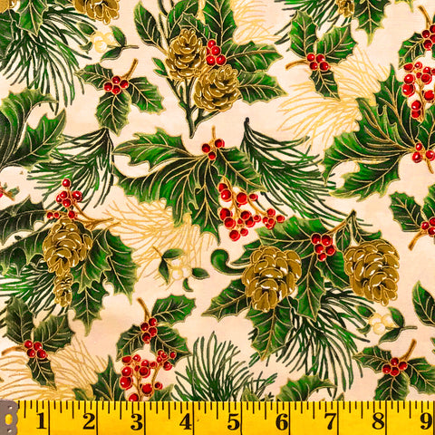 Jordan Fabrics flor de Navidad metálica 10002 4 bayas de pino crema/oro cortadas a medida