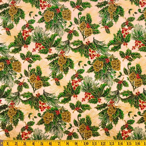 Jordan Fabrics flor de Navidad metálica 10002 4 bayas de pino crema/oro cortadas a medida