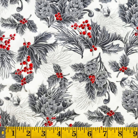 Jordan Fabrics fleur de Noël métallique 10002 5 baies de pin ivoire/argenté par cour