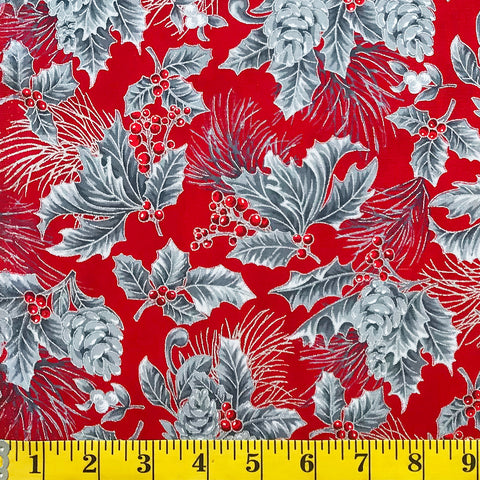 Jordan Fabrics flor de Navidad metálica 10002 7 bayas de pino carmesí/plateado cortadas a medida