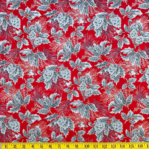 Jordan Fabrics flor de Navidad metálica 10002 7 bayas de pino carmesí/plateado cortadas a medida