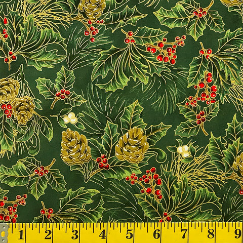 Jordan Fabrics flor de Navidad metálica 10002 8 bayas de pino verde/dorado cortadas a medida