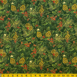 Jordan Fabrics Metallic Christmas Blossom 10002 8 Green/Gold Pine Berry By The Yard