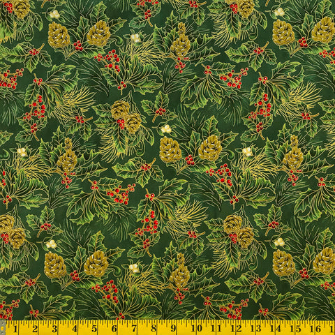 Jordan Fabrics flor de Navidad metálica 10002 8 bayas de pino verde/dorado cortadas a medida