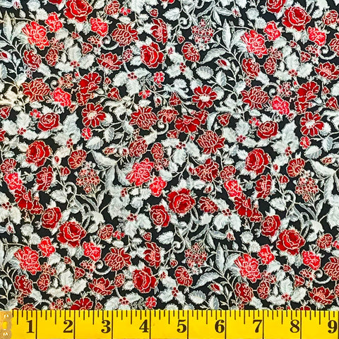 Jordan Fabrics Metallic Christmas Blossom 10003 2 Black/Silver Christmas Rose By The Yard