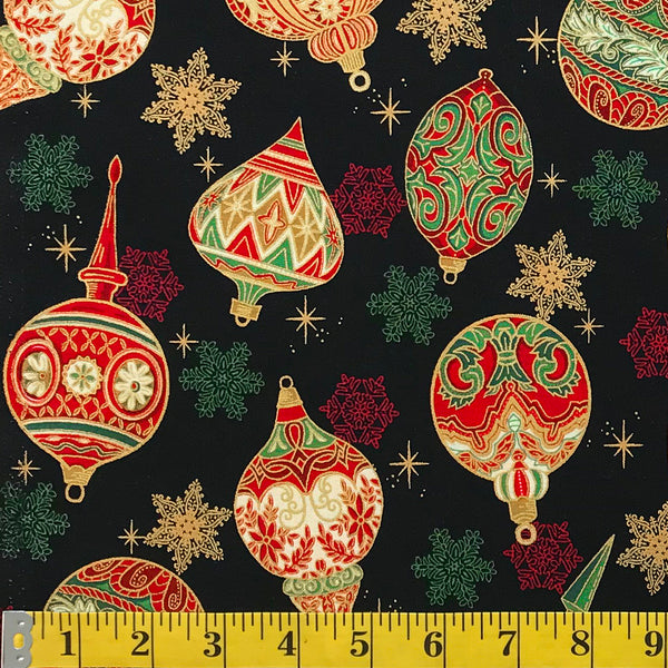 Jordan Fabrics Metallic Christmas Blossom 10004 1 Black/Gold Heirloom Ornaments By The Yard