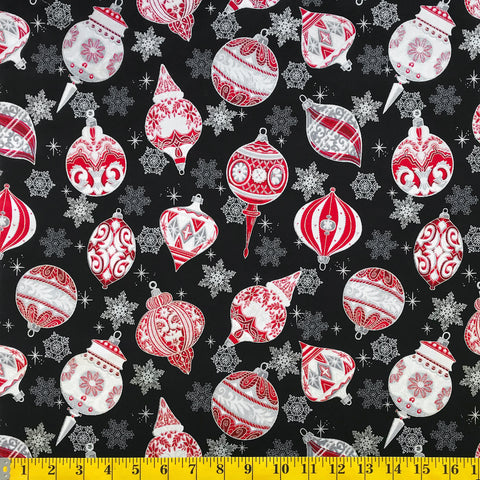 Jordan Fabrics metallische Weihnachtsblüte 10004 2 schwarz/silberne Erbstück-Ornamente pro Meter